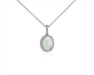 Opal and Diamond Pendant Necklace In 14k White Gold (10X8mm)