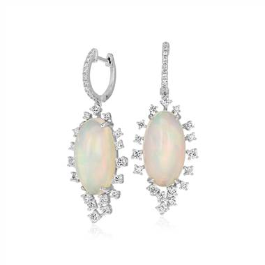 Opal and Diamond Sunburst Drop Earrings in 18k White Gold (11.92 ct. tw.)