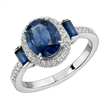 "Oval and Baguette Sapphire Ring in 14k White Gold"