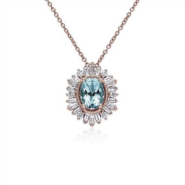 Oval Aquamarine Pendant with Baguette Halo in 14k Rose Gold (6x8mm)