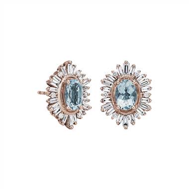 Oval Aquamarine with Baguette Halo Earrings in 14k Rose Gold (7x5mm)