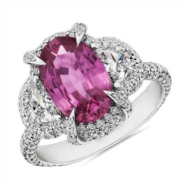 Oval Cut Pink Sapphire and Half Moon Diamond Ring in 18k White Gold