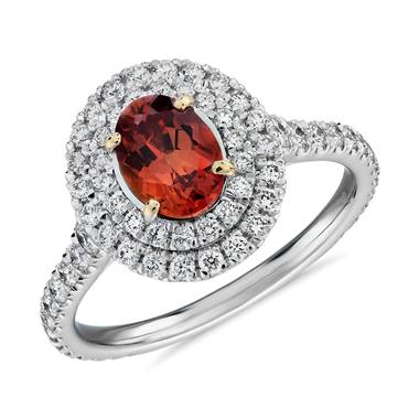 "Oval Orange Sapphire Ring with Double Diamond Halo in 18k White and Yellow Gold (7x5mm)"