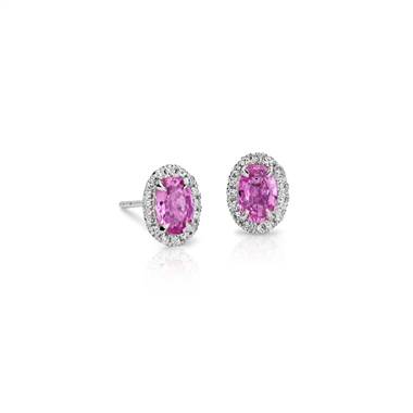 Oval Pink Sapphire and Pave Diamond Stud Earrings in 14k White Gold (6x4mm)