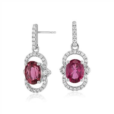 Oval Pink Tourmaline and Diamond Halo Drop Earrings in 18k White Gold (9x7mm)