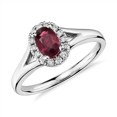Oval Ruby and Diamond Halo Ring in 18k White Gold (6x4mm)