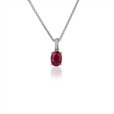 Oval Ruby and Diamond Pendant in 14k White Gold