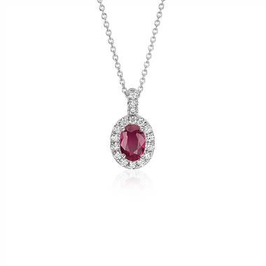 Oval Ruby and Pave  Diamond Pendant in 14k White Gold (7x5mm)
