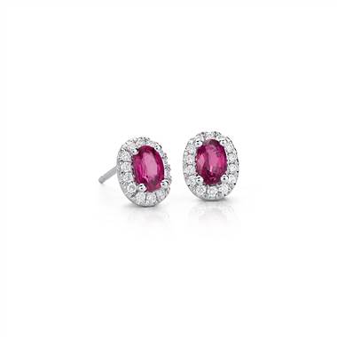 Oval Ruby and Pave Diamond Stud Earrings in 14k White Gold (6x4mm)