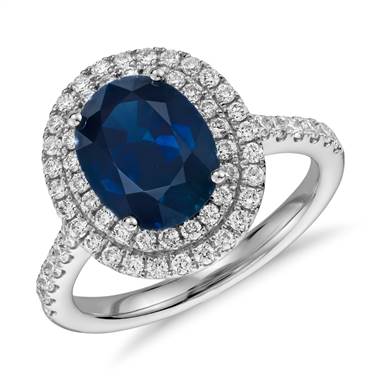 Oval Sapphire and Diamond Double Halo Micropave Ring in 18k White Gold (9x7mm)