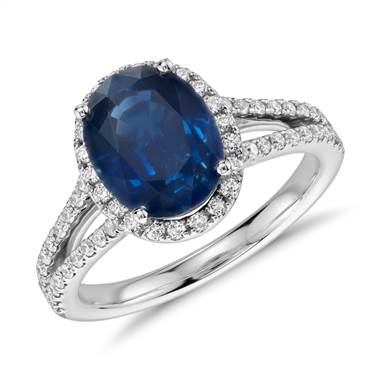 Oval Sapphire and Diamond Halo Split Shank Ring in 18k White Gold (9x7mm)