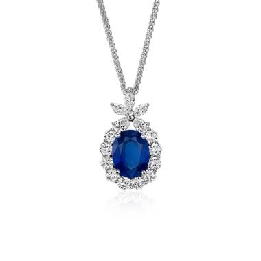 Oval Sapphire and Diamond Pendant in 18k White Gold (9x7mm)