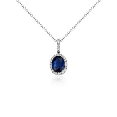 Oval Sapphire and Micropave Diamond Pendant in 14k White Gold (8x6mm)