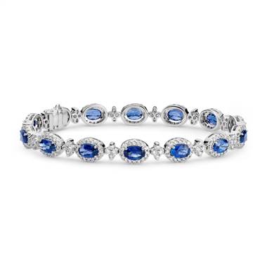 Oval Sapphire and Pave Diamond Halo Bracelet in 18k White Gold (6x4mm)