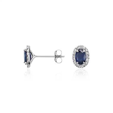 Oval Sapphire and Pave Diamond Stud Earrings in 14k White Gold (6x4mm)