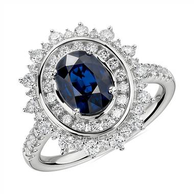 "Oval Sapphire Ring with Double Diamond Sunburst Halo in 14k White Gold"