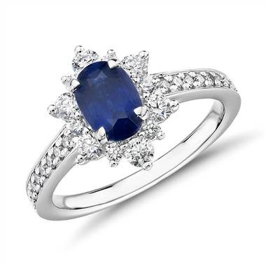 Oval Sapphire Ring with Star Halo in 14k White Gold (7x5mm)