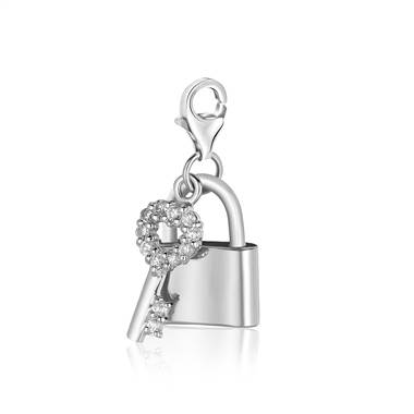 Padlock Style Lock and Key Charm with Crystal in Sterling Silver