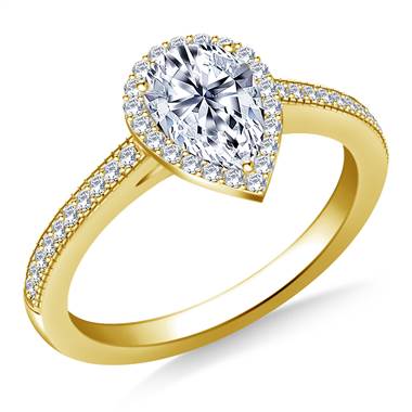 Pear Halo Diamond Engagement Ring with Milgrain Edging in 14K Yellow Gold