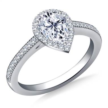 Pear Halo Diamond Engagement Ring with Milgrain Edging in 18K White Gold