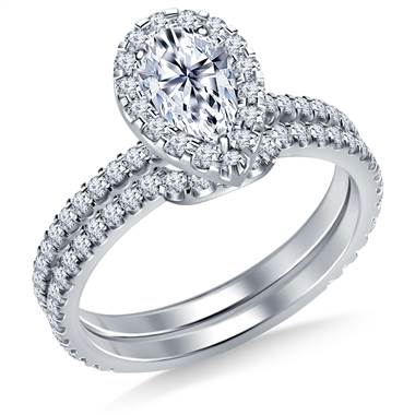 Pear Halo Engagement Ring with Matching Band in 14K White Gold