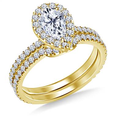Pear Halo Engagement Ring with Matching Band in 14K Yellow Gold