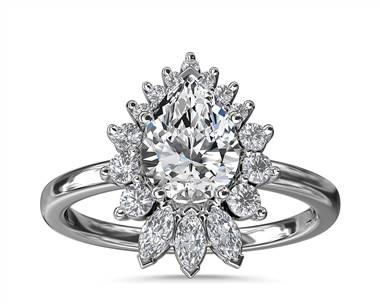 Pear Marquise and Round Ballerina Halo Diamond Engagement Ring In 18k White Gold
