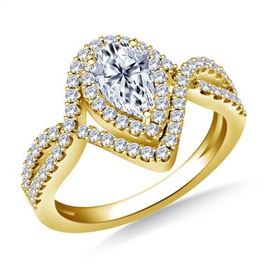Pear Shape Double Halo Diamond Engagement Ring with Twisted Split Shank in 14K Yellow Gold