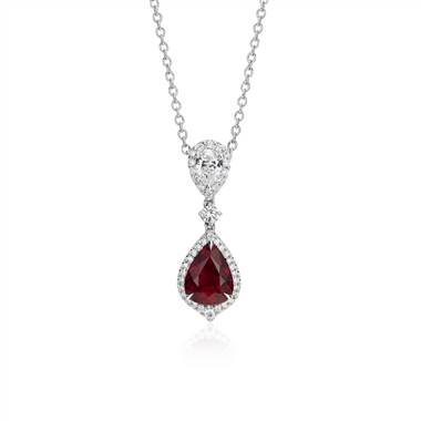 "Pear Shape Ruby and Diamond Halo Drop Pendant in 18k White Gold (8x6mm)"