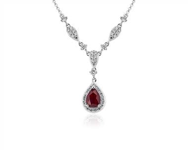 Pear Shape Ruby and Round Diamond Necklace In 14k White Gold (7X5mm)