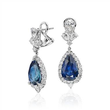 Pear Shape Sapphire and Diamond Drop Earrings in 18k White Gold