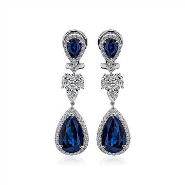 Pear Shape Sapphire and Diamond Pave Drop Earrings in 18k White Gold