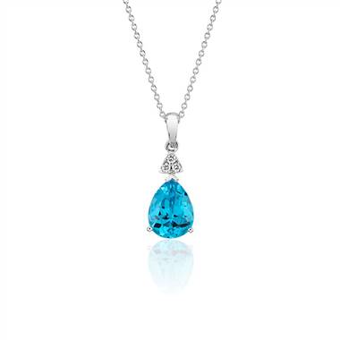 Pear-Shaped Blue Topaz Pendant with Diamond Trio in 14k White Gold (9x7mm)