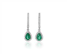 Pear Shaped Emerald and Diamond Halo Drop Earrings In 14k White Gold (6X4mm) | Blue Nile