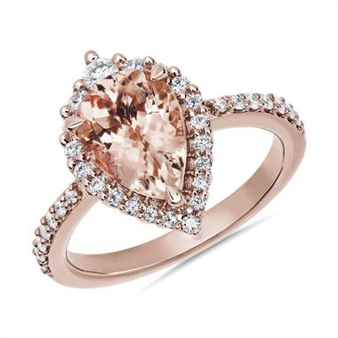 Pear Shaped Morganite with Diamond Halo Ring in 14k Rose Gold