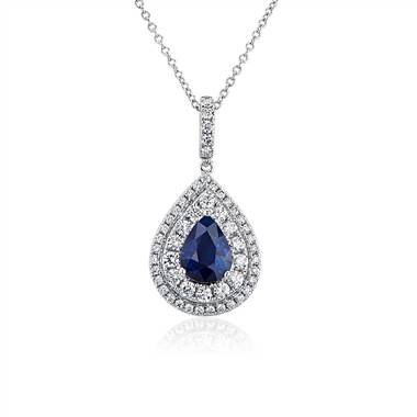 Pear-Shaped Sapphire Pendant with Double Halo in 18k White Gold