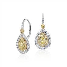 "Pear-Shaped Yellow Diamond Double Halo Drop Earrings in 18k White and Yellow Gold (1.25 ct. tw.)" | Blue Nile