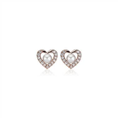 "Pearl and Diamond Heart Earrings in 14k Rose Gold"