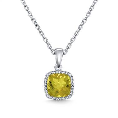 Peridot Cushion Cut Diamond Gemstone Pendant Necklace in 14K White Gold (7mm)