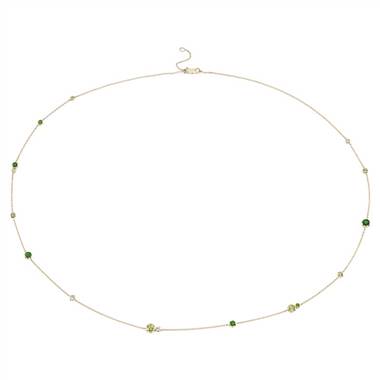 Peridot, White Topaz and Chrome Diopside Stationed Necklace in 14k Yellow Gold