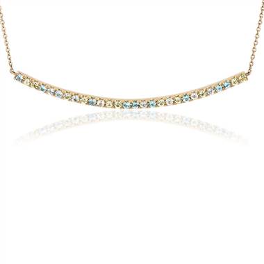 Petite Blue Topaz, Sky Blue Topaz and Peridot Curved Bar Necklace in 14k Yellow Gold (1.5mm)