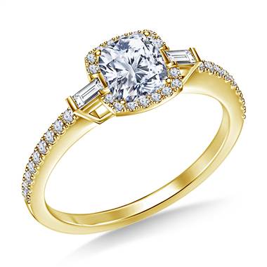 Petite Cushion Halo Side Fancy Cut Diamond Engagement Ring in 18K Yellow Gold