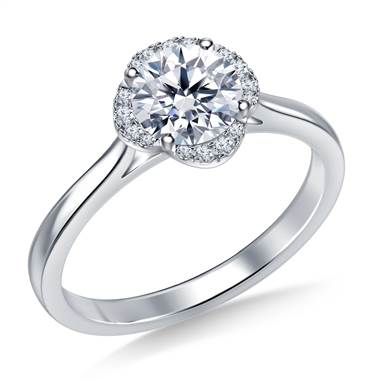 Petite Diamond Floral Halo Prong Set Engagement Ring in 14K White Gold
