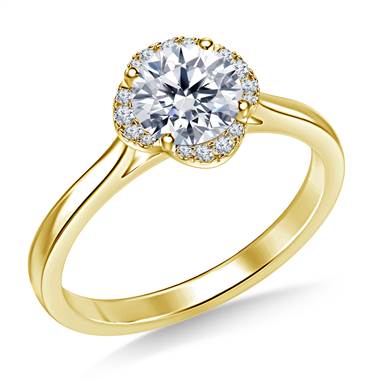 Petite Diamond Floral Halo Prong Set Engagement Ring in 14K Yellow Gold