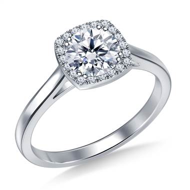 Petite Diamond Halo Cathedral Engagement Ring in 14K White Gold