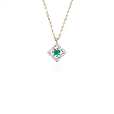 Petite Emerald and Diamond Floral Pendant in 14k Yellow Gold (2.8mm)