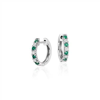 Petite Emerald and Diamond Pave Huggie Hoop Earrings in 14k White Gold (1.6mm)