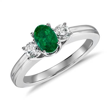"Petite Emerald and Diamond Ring in 18k White Gold (6x4mm)"