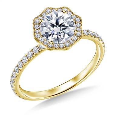 Petite Floral Diamond Halo Engagement Ring in 14K Yellow Gold