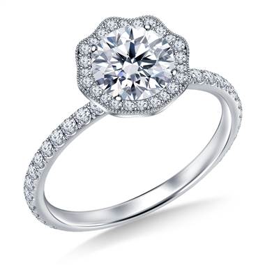 Petite Floral Diamond Halo Engagement Ring in 18K White Gold